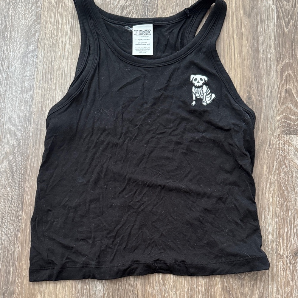 Victoria’s Secret Halloween Black Tank Top with Skeleton Dog Design